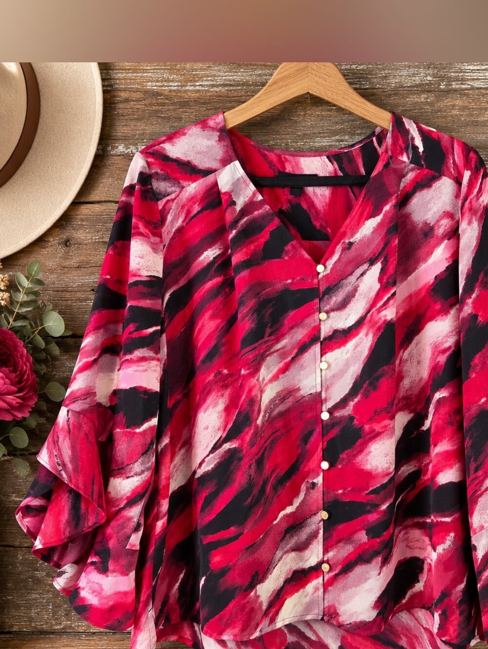 INVESTMENTS Large Pink Black Abstract Watercolor Bell Sleeve Button Blouse